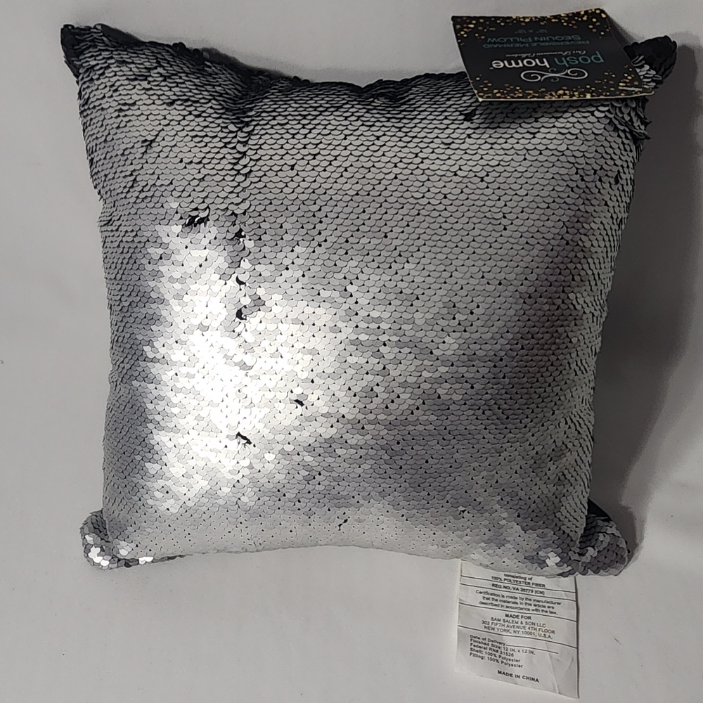 Posh Home Reversible Mermaid Sequin Black Silver Throw Couch Pillow 12 X 12